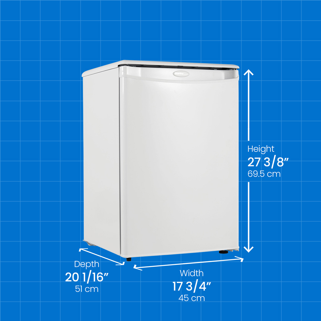 Danby appliances 1.6 cu ft compact fridge white DAR016A1WDD angled view with product dimensions shown on a blue grid background