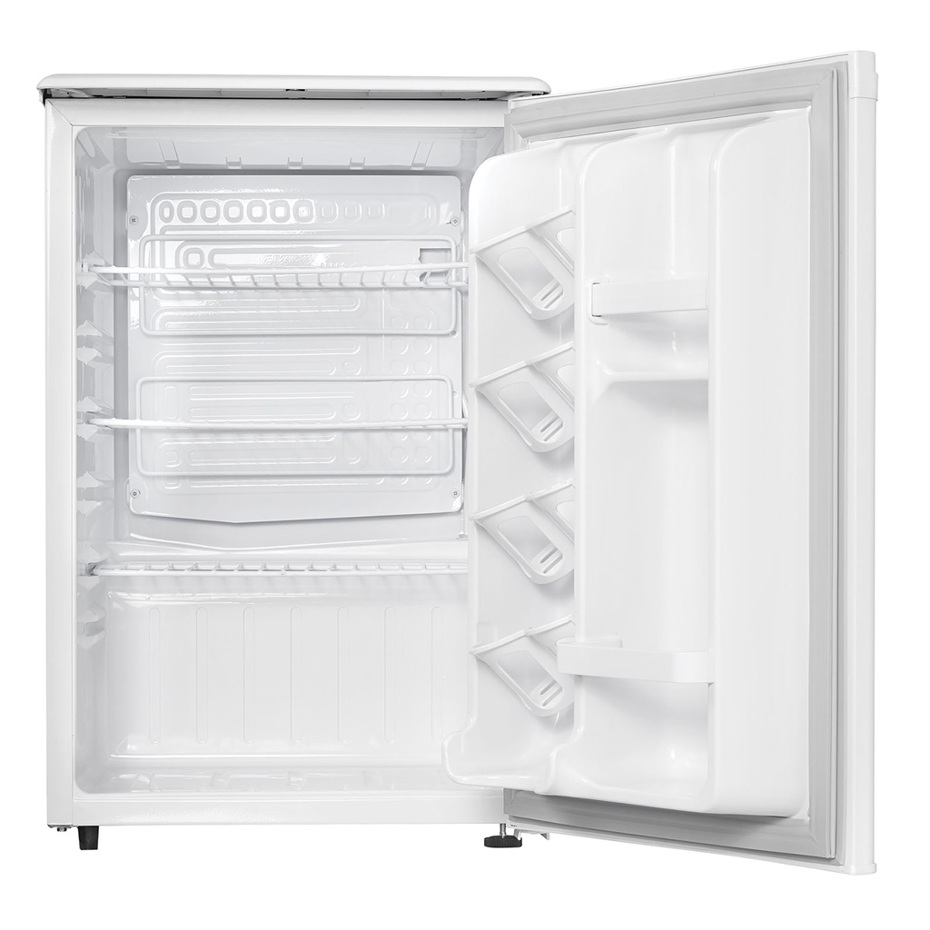 Danby appliances 2.6 cu ft compact fridge white DAR026A1WDD open front view showing empty interior compartment with shelf and door storage