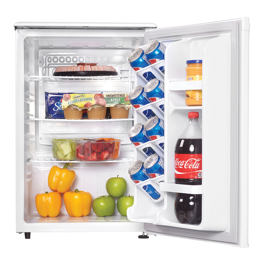 Danby appliances 2.6 cu ft compact fridge white DAR026A1WDD open front view showing interior stocked with beverages, fruit, and food items