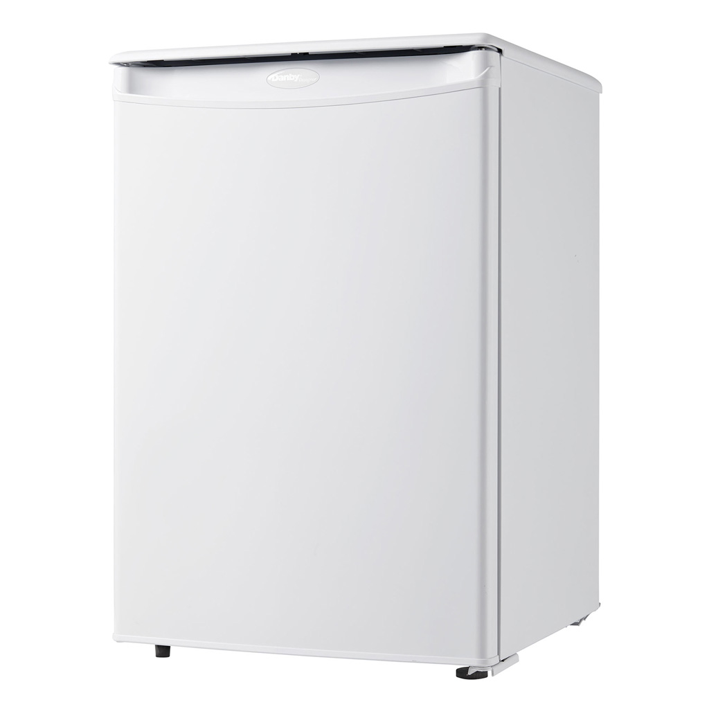 Danby appliances 2.6 cu ft compact fridge white DAR026A1WDD angled left view showing side panel, hinge placement, and compact single door design