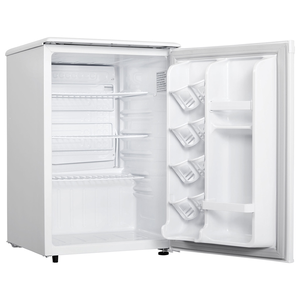 Danby appliances 2.6 cu ft compact fridge white DAR026A1WDD open front view showing empty interior compartment with shelf and door storage