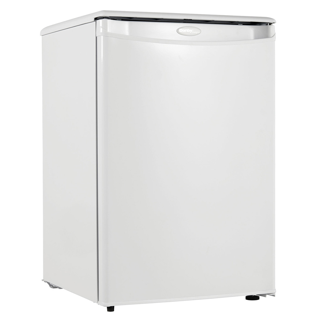 Danby appliances 2.6 cu ft compact fridge white DAR026A1WDD angled right view showing compact cabinet and smooth white finish