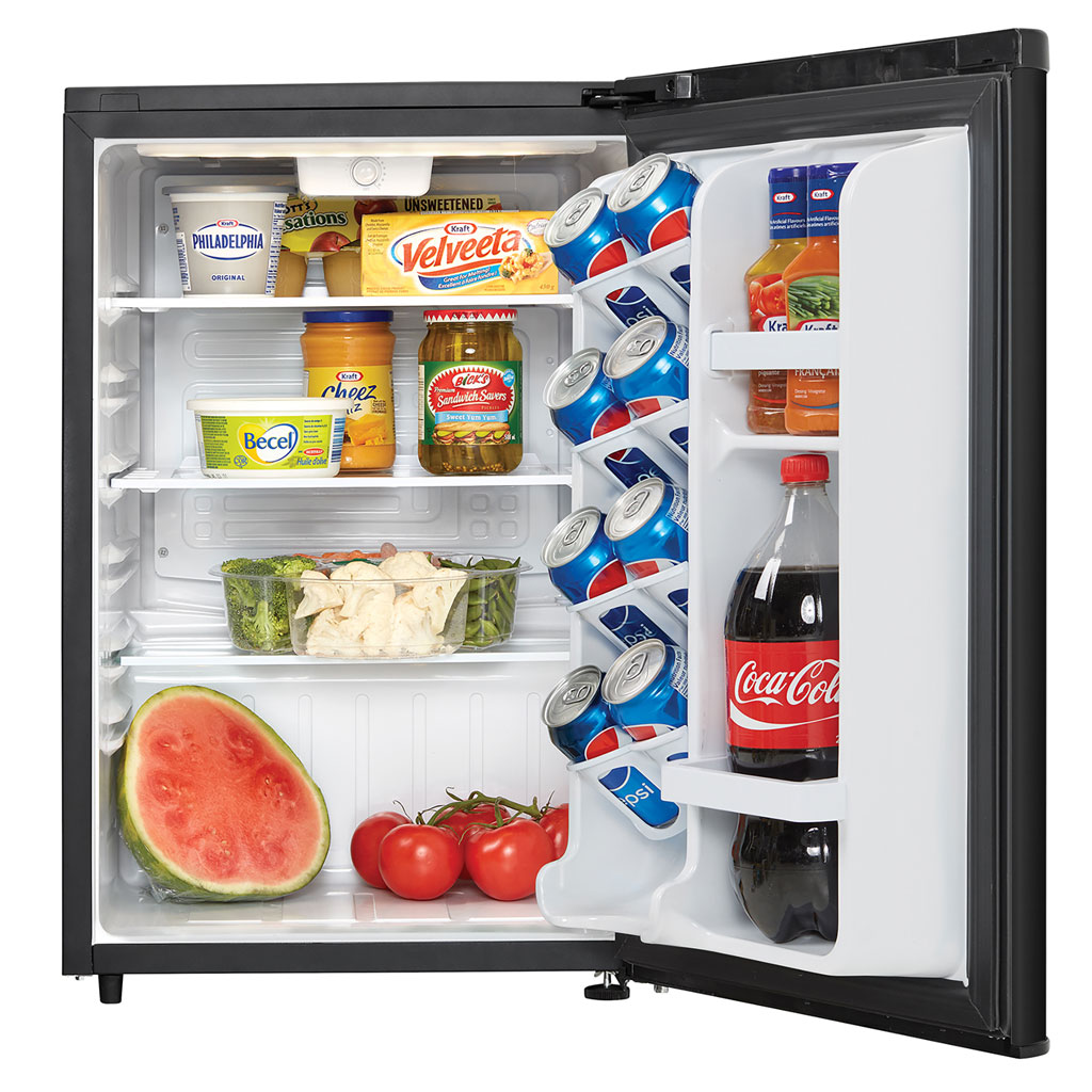 Danby appliances 2.6 cu ft compact fridge black DAR026A1BDD open front view showing interior stocked with beverages and food items on shelves