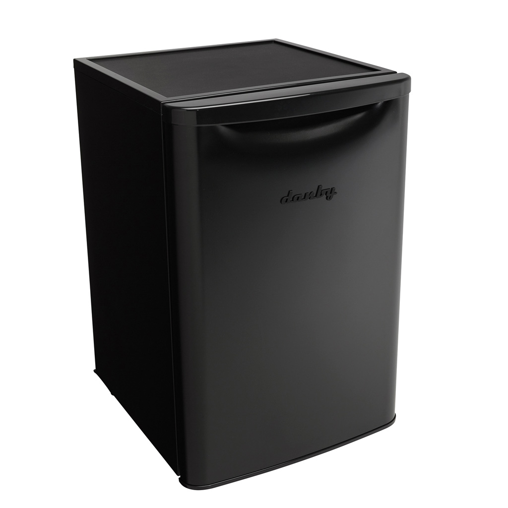 Danby appliances 2.6 cu ft compact fridge black DAR026A1BDD upper angled view showing top surface and compact cabinet design