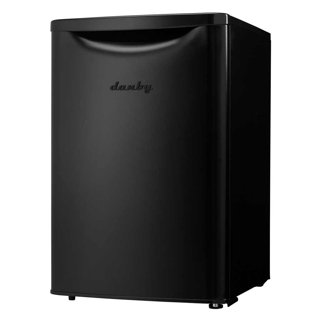Danby appliances 2.6 cu ft compact fridge black DAR026A1BDD angled left view showing side panel and hinge placement