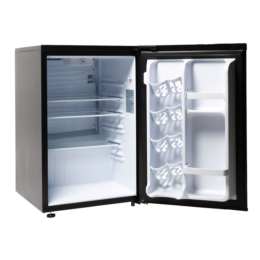 Danby appliances 2.6 cu ft compact fridge black DAR026A1BDD open front view showing empty interior compartment with shelf and door storage