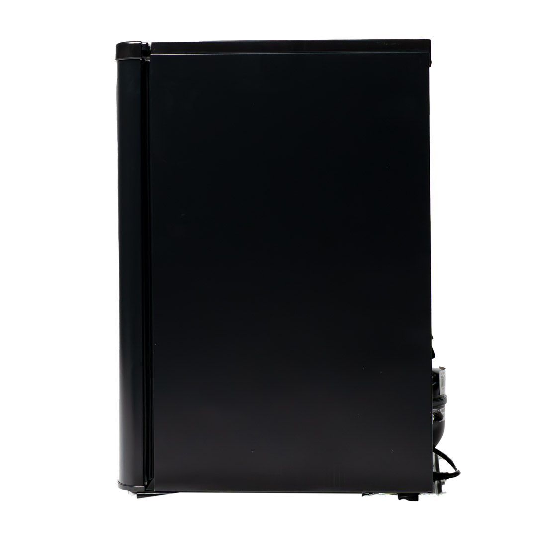 Danby appliances 2.6 cu ft compact fridge black DAR026A1BDD right side view showing smooth black panel and compact cabinet design on a plain background