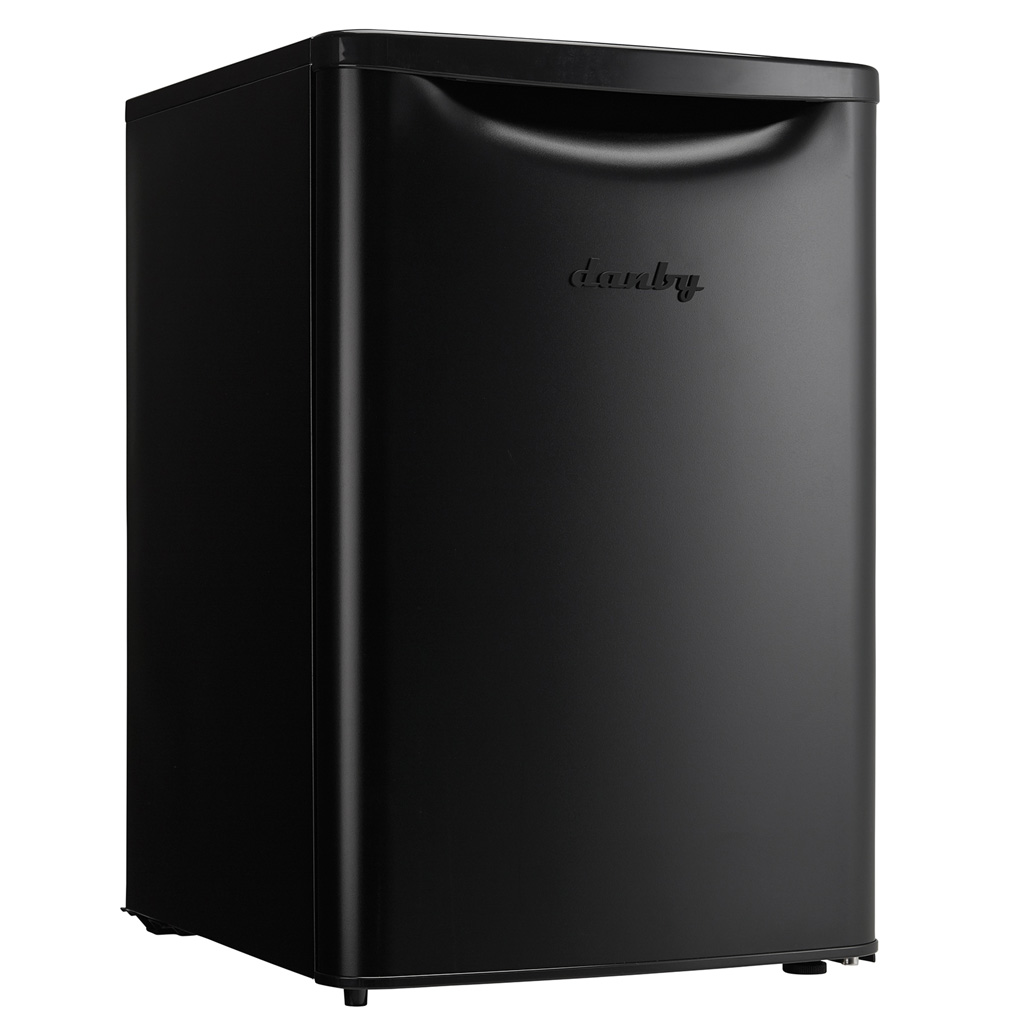 Danby appliances 2.6 cu ft compact fridge black DAR026A1BDD angled right view showing compact cabinet and smooth black finish