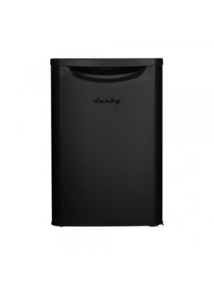 Danby appliances 2.6 cu ft compact fridge black DAR026A1BDD front view showing smooth black finish and single door design on a plain background