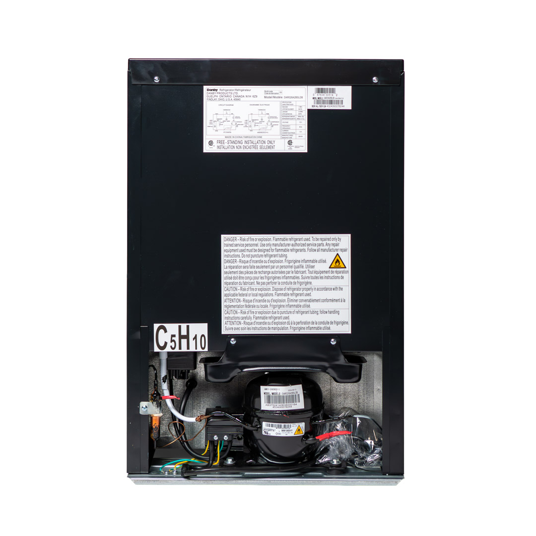 Danby appliances 2.6 cu ft compact fridge stainless DAR026A2BSLDB rear view showing back panel and compact cabinet structure