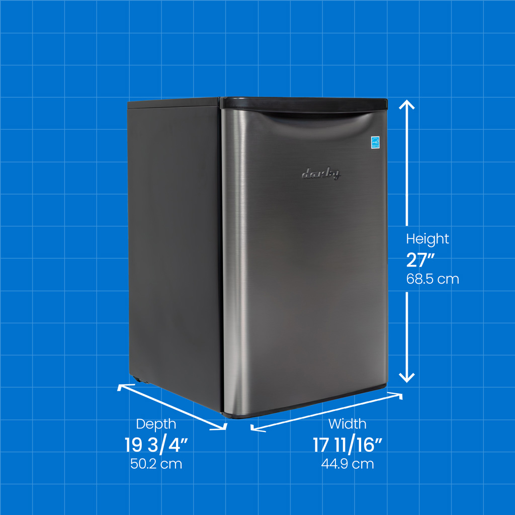 Danby appliances 2.6 cu ft compact fridge stainless DAR026A2BSLDB angled view with product dimensions showing height 27 inches 68.5 cm, width 17 11/16 inches 44.9 cm, and depth 19 3/4 inches 50.2 cm on a blue grid background