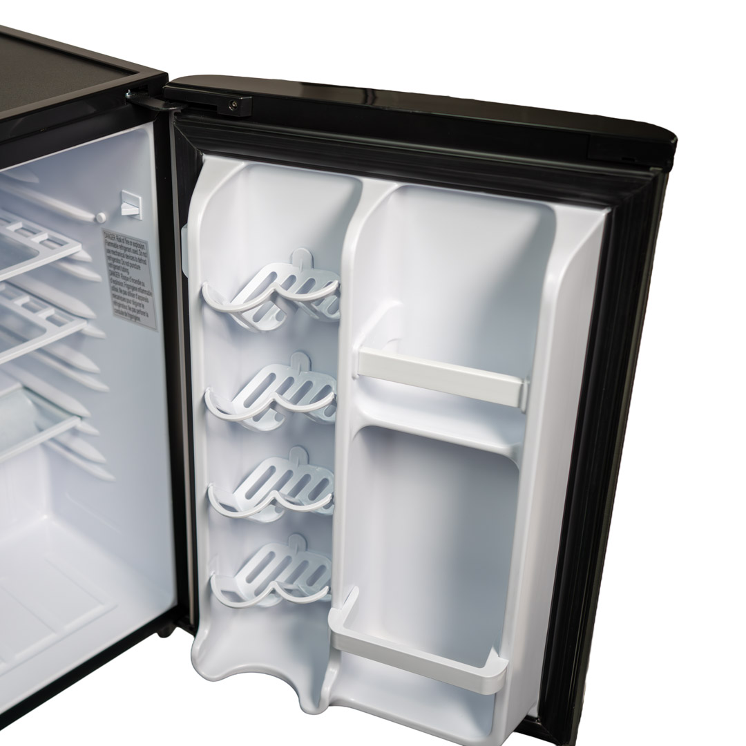 Danby appliances 2.6 cu ft compact fridge stainless DAR026A2BSLDB angled front view with door open showing interior door bins and storage compartments