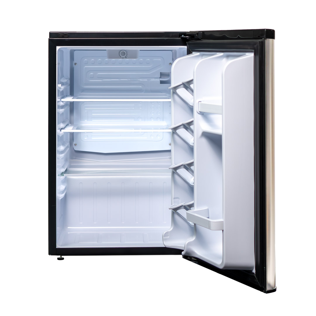 Danby appliances 2.6 cu ft compact fridge stainless DAR026A2BSLDB open front view showing empty interior compartment with shelf and door storage