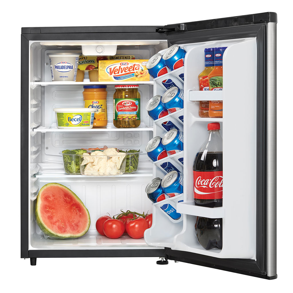 Danby appliances 2.6 cu ft compact fridge stainless DAR026A2BSLDB open front view showing interior stocked with beverages, fruit, and food items on shelves