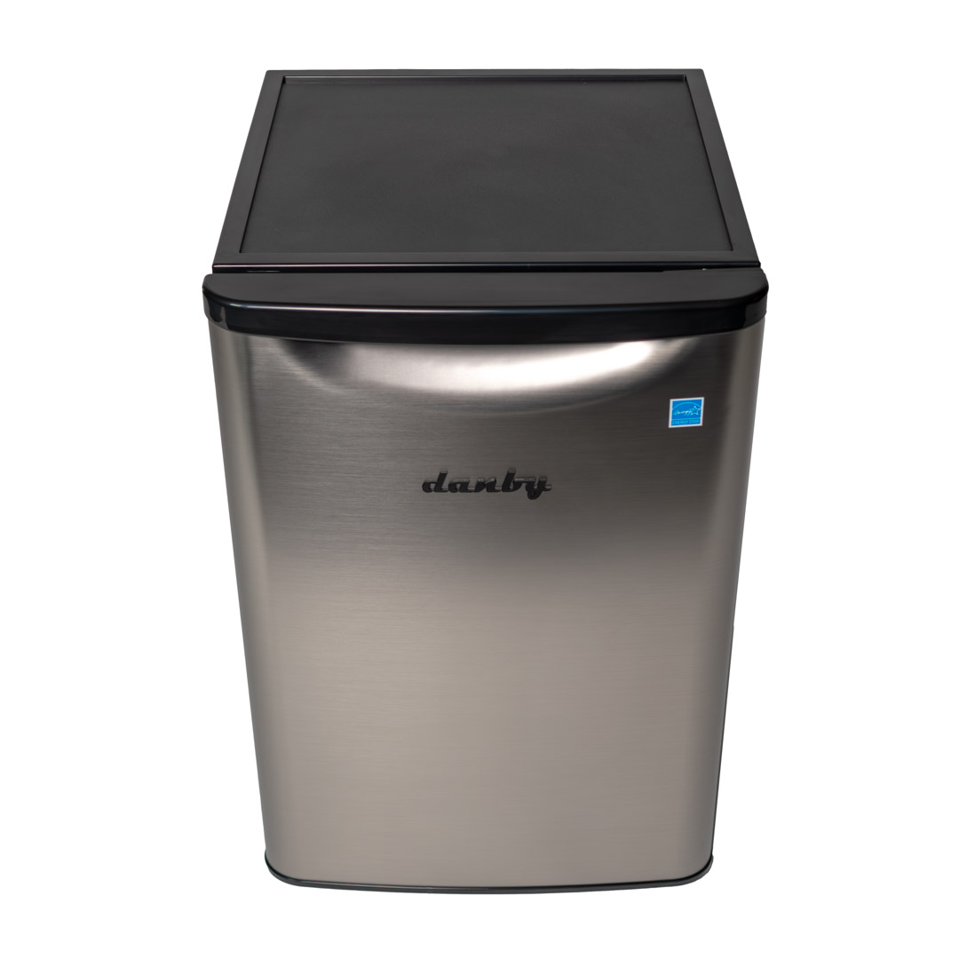 Danby appliances 2.6 cu ft compact fridge stainless DAR026A2BSLDB front view showing stainless look finish and single door design on a plain background