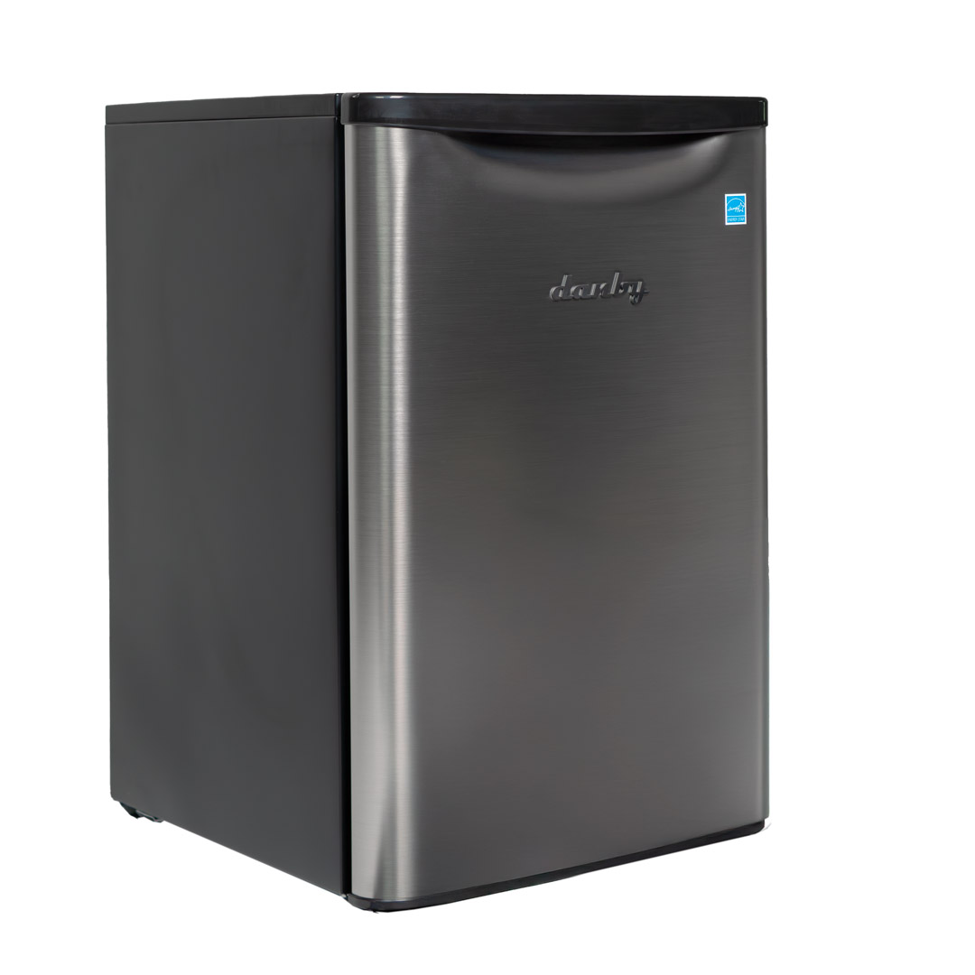 Danby appliances 2.6 cu ft compact fridge stainless DAR026A2BSLDB angled right view showing stainless finish and compact cabinet