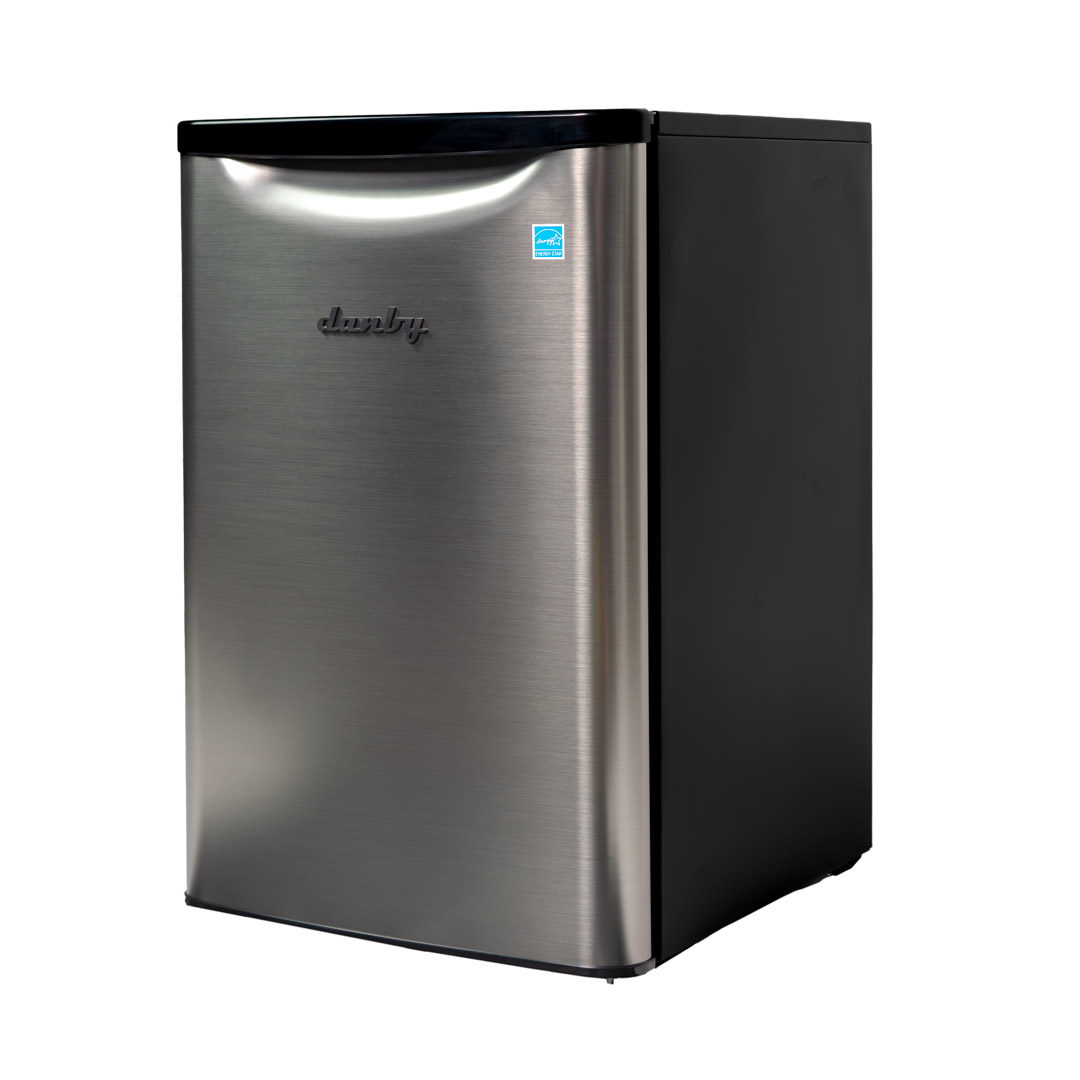 Danby appliances 2.6 cu ft compact fridge stainless DAR026A2BSLDB angled left view showing side panel and hinge placement