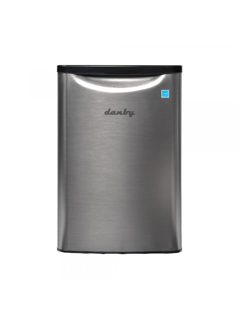 Danby appliances 2.6 cu ft compact fridge stainless DAR026A2BSLDB front view showing stainless look finish and compact single door design on a plain background