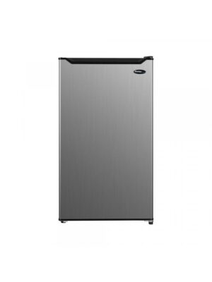 Danby appliances 3.2 cu ft compact fridge stainless DAR032B2SLM front view showing stainless look finish and single door design on a plain background