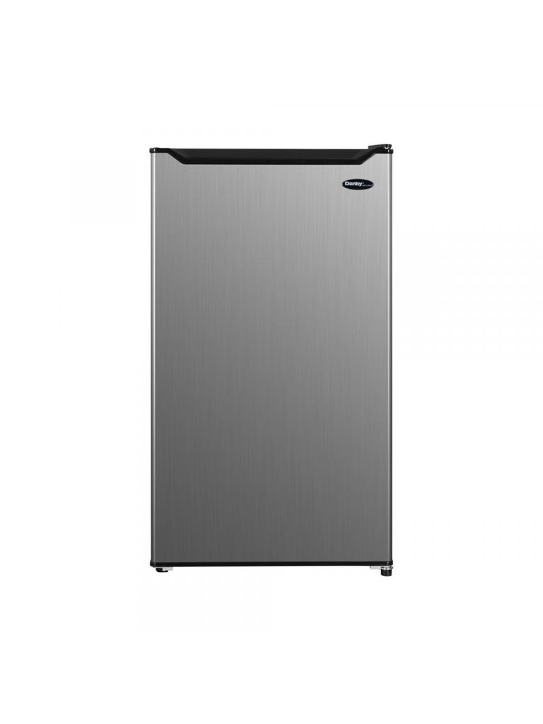 Danby appliances 3.2 cu ft compact fridge stainless DAR032B2SLM front view showing stainless look finish and single door design on a plain background