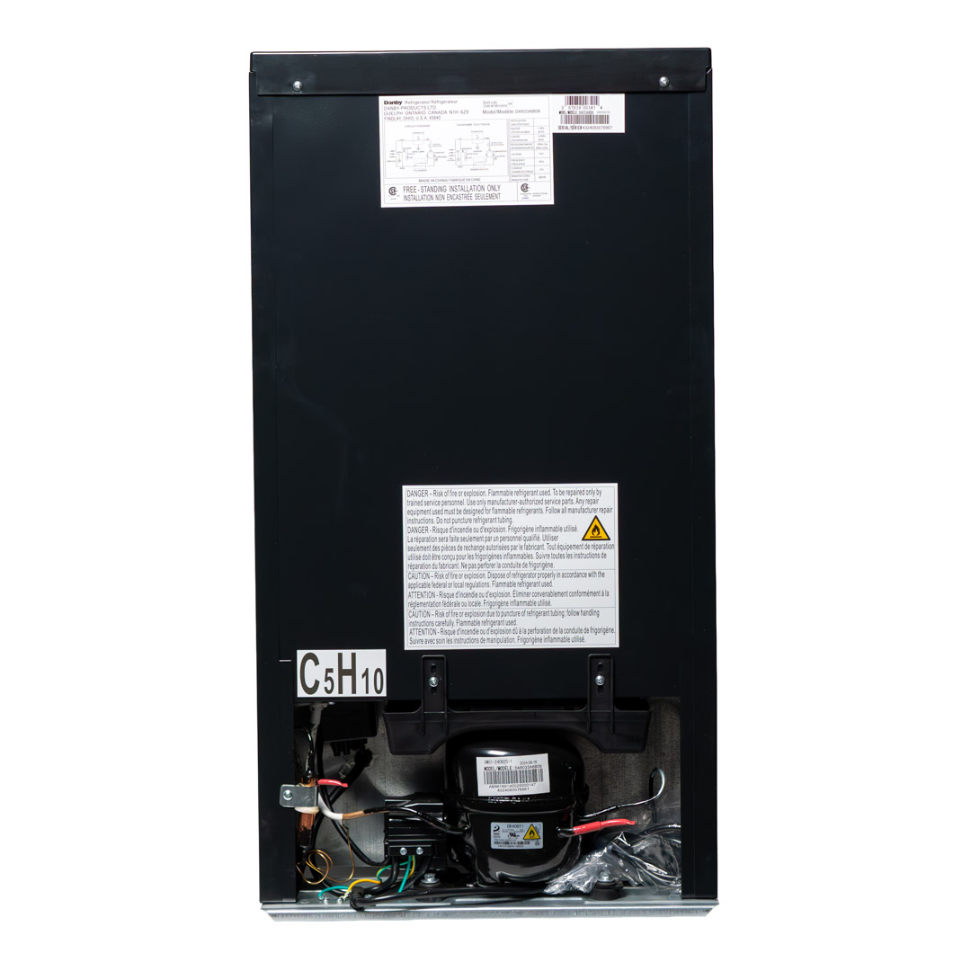 Danby appliances 3.3 cu ft compact fridge black DAR033A6BDB rear view showing back panel and compact cabinet structure