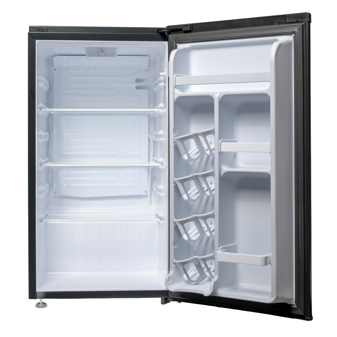 Danby appliances 3.3 cu ft compact fridge black DAR033A6BDB open front view showing empty interior compartment with shelves and door storage