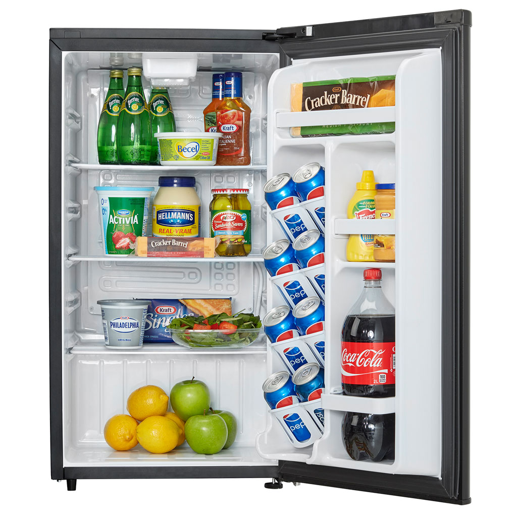 Danby appliances 3.3 cu ft compact fridge black DAR033A6BDB open front view showing interior stocked with beverages and food items
