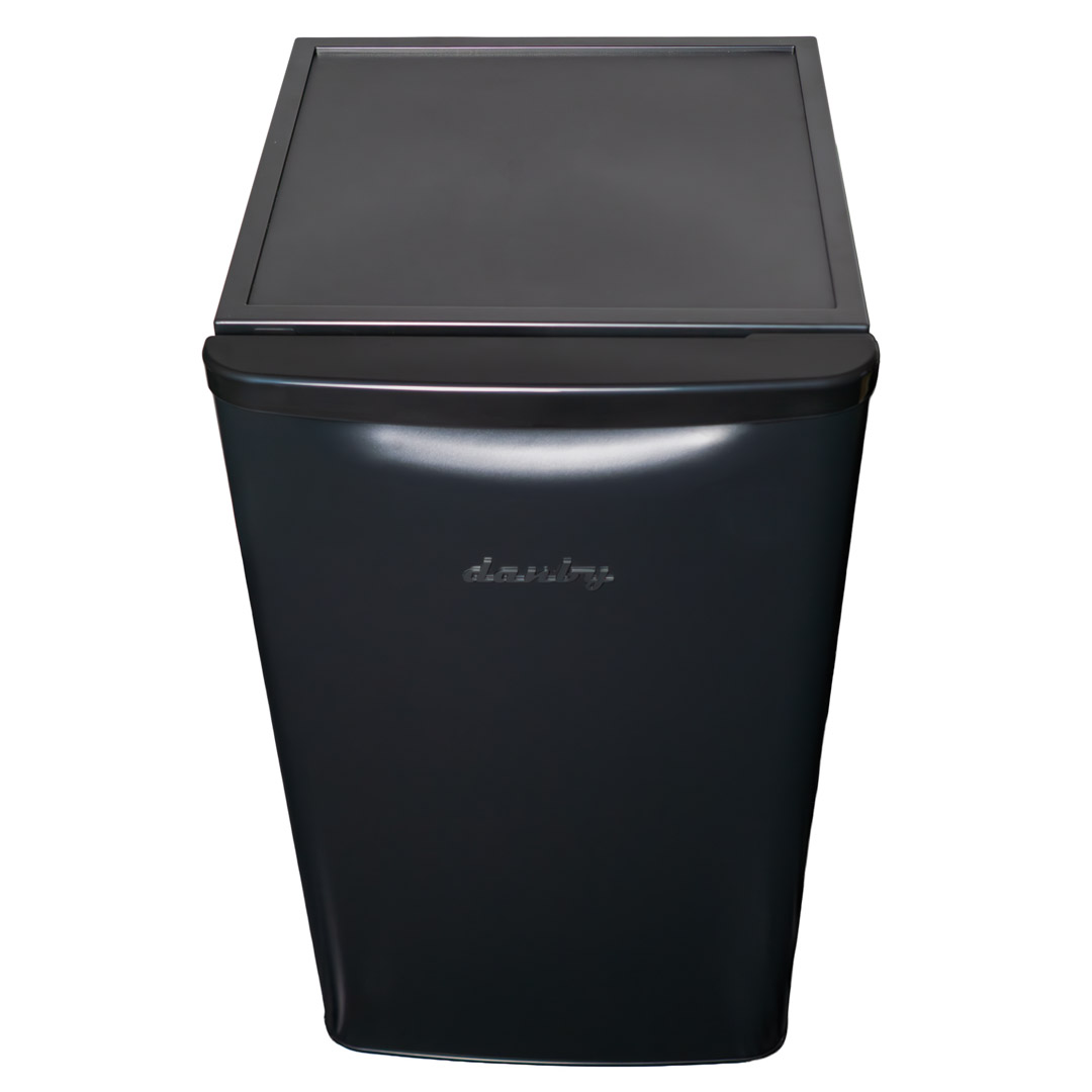 Danby appliances 3.3 cu ft compact fridge black DAR033A1BDD top angled view showing flat worktop surface and smooth black cabinet design