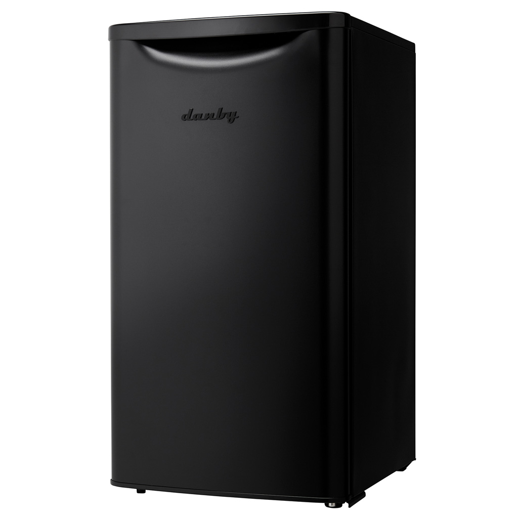 Danby appliances 3.3 cu ft compact fridge black DAR033A6BDB angled left view showing side panel and hinge placement