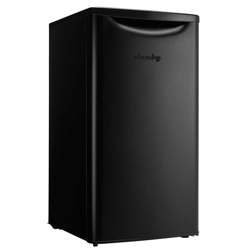 Danby appliances 3.3 cu ft compact fridge black DAR033A6BDB angled right view showing compact cabinet and black finish