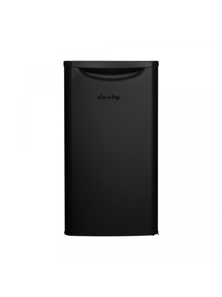 Danby appliances 3.3 cu ft compact fridge black DAR033A6BDB front view showing smooth black finish and single door design on a plain background