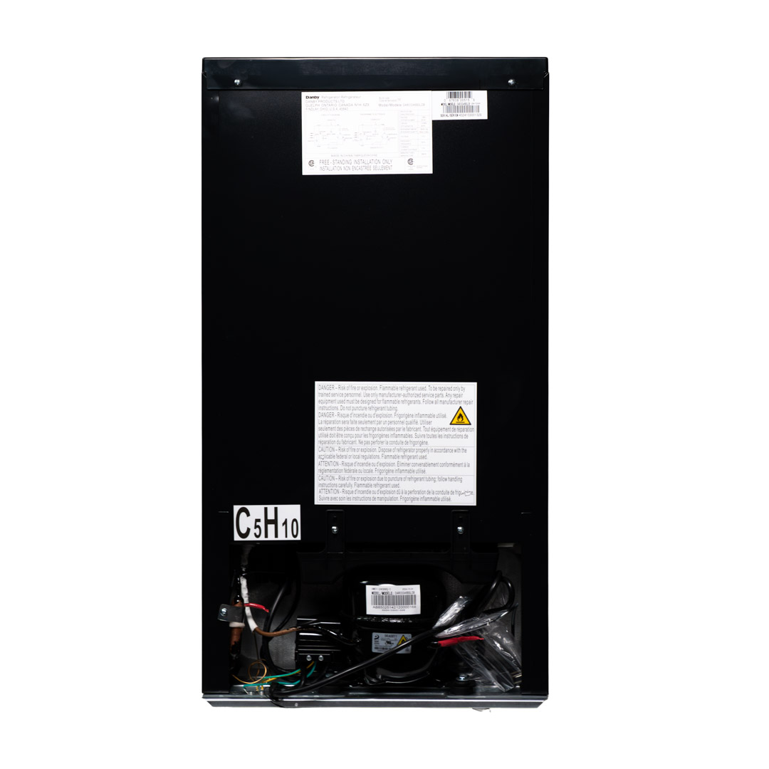 Danby 3.3 cu. ft. Compact Fridge in Stainless Steel Look 4 Danby appliances 3.3 cu ft compact fridge stainless DAR033A6BSLDB rear view showing back panel and compact cabinet structure