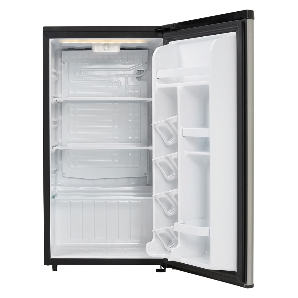 Danby 3.3 cu. ft. Compact Fridge in Stainless Steel Look 6 Danby appliances 3.3 cu ft compact fridge stainless DAR033A6BSLDB open front view showing empty interior compartment with glass shelves and door storage