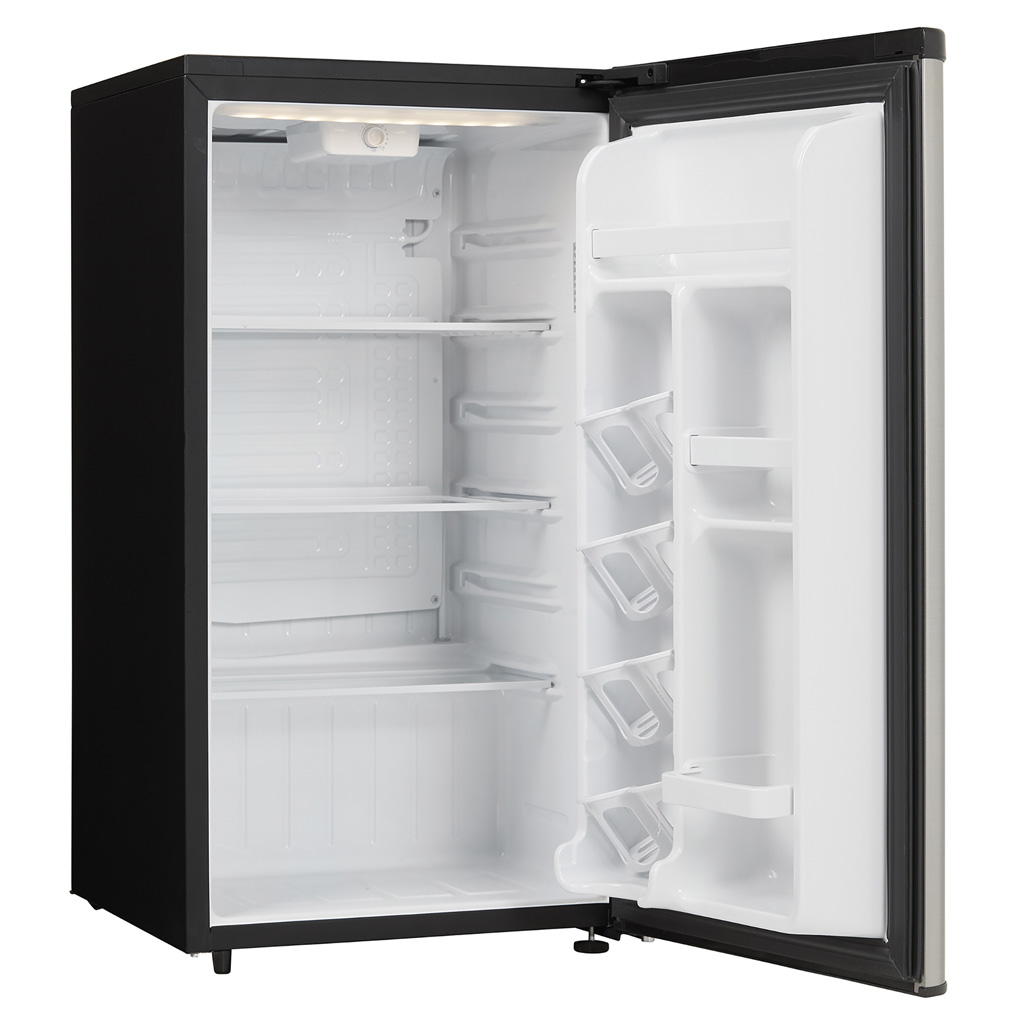 Danby 3.3 cu. ft. Compact Fridge in Stainless Steel Look 7 Danby appliances 3.3 cu ft compact fridge stainless DAR033A6BSLDB open front view showing empty interior compartment with glass shelves and door storage