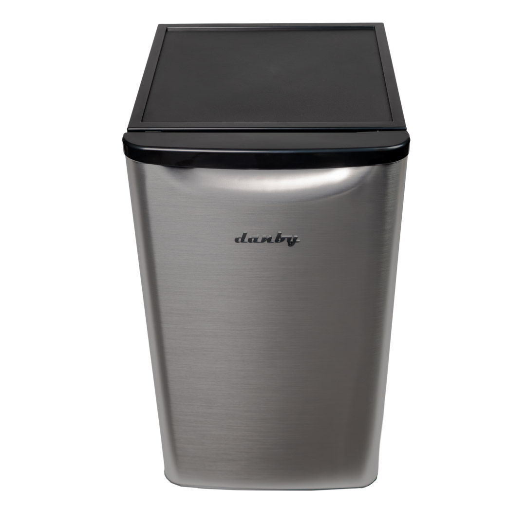 Danby 3.3 cu. ft. Compact Fridge in Stainless Steel Look 8 Danby appliances 3.3 cu ft compact fridge stainless DAR033A6BSLDB front view showing brushed stainless steel finish, curved top edge, and single door design on a plain background