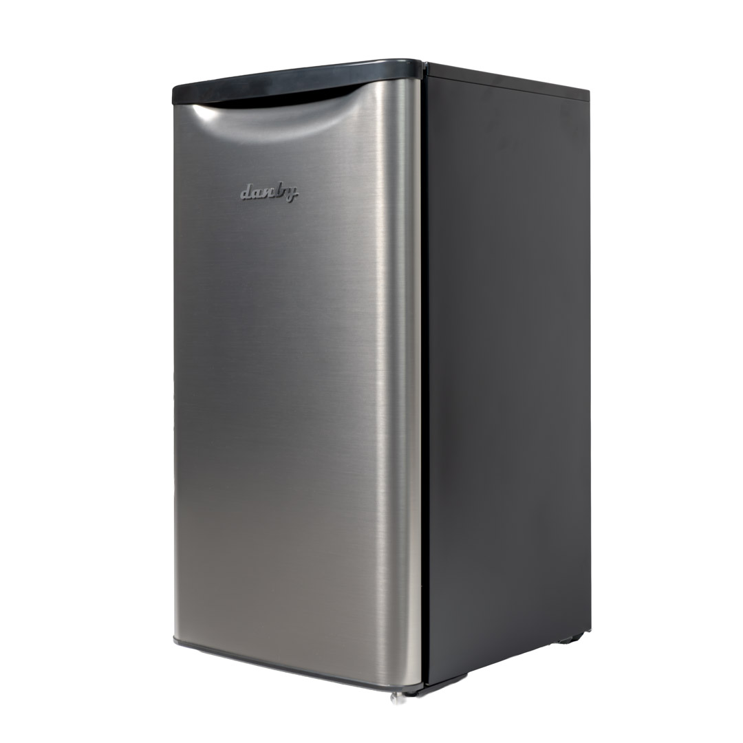 Danby 3.3 cu. ft. Compact Fridge in Stainless Steel Look 3 Danby appliances 3.3 cu ft compact fridge stainless DAR033A6BSLDB angled left view showing side panel and hinge placement