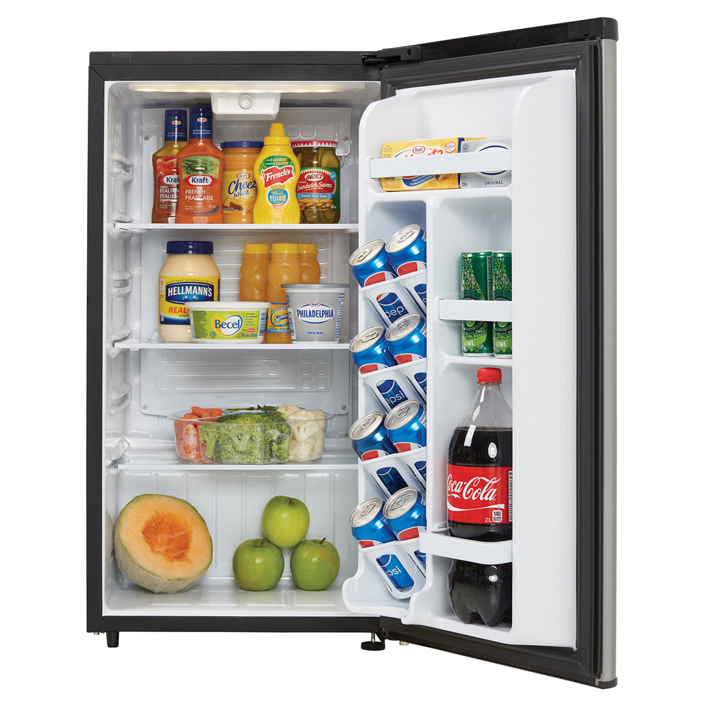 Danby 3.3 cu. ft. Compact Fridge in Stainless Steel Look 5 Danby appliances 3.3 cu ft compact fridge stainless DAR033A6BSLDB open front view showing interior stocked with beverages and food items
