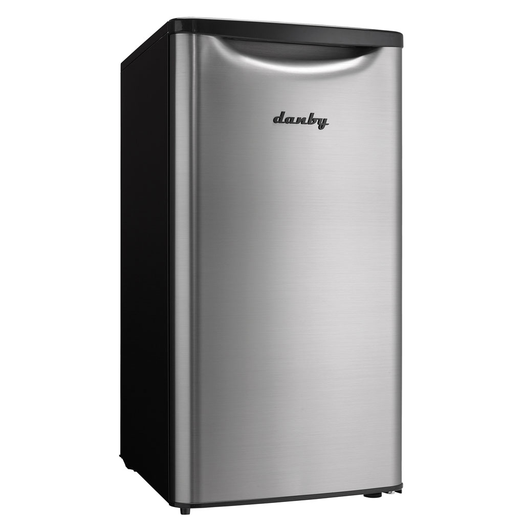 Danby 3.3 cu. ft. Compact Fridge in Stainless Steel Look 2 Danby appliances 3.3 cu ft compact fridge stainless DAR033A6BSLDB angled right view showing compact cabinet and stainless finish