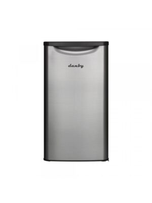 Danby appliances 3.3 cu ft compact fridge stainless DAR033A6BSLDB front view showing stainless look finish and single door design on a plain background