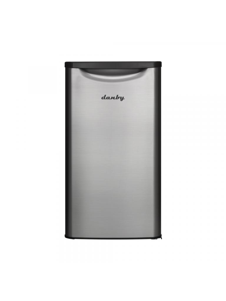 Danby appliances 3.3 cu ft compact fridge stainless DAR033A6BSLDB front view showing stainless look finish and single door design on a plain background