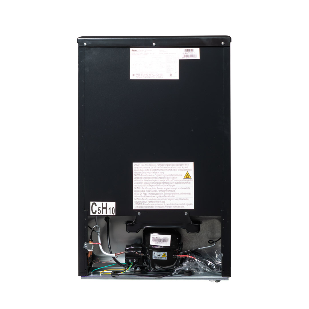 Danby appliances 4.4 cu ft compact fridge stainless DAR044A4BSLDD rear view showing back panel and compact cabinet structure