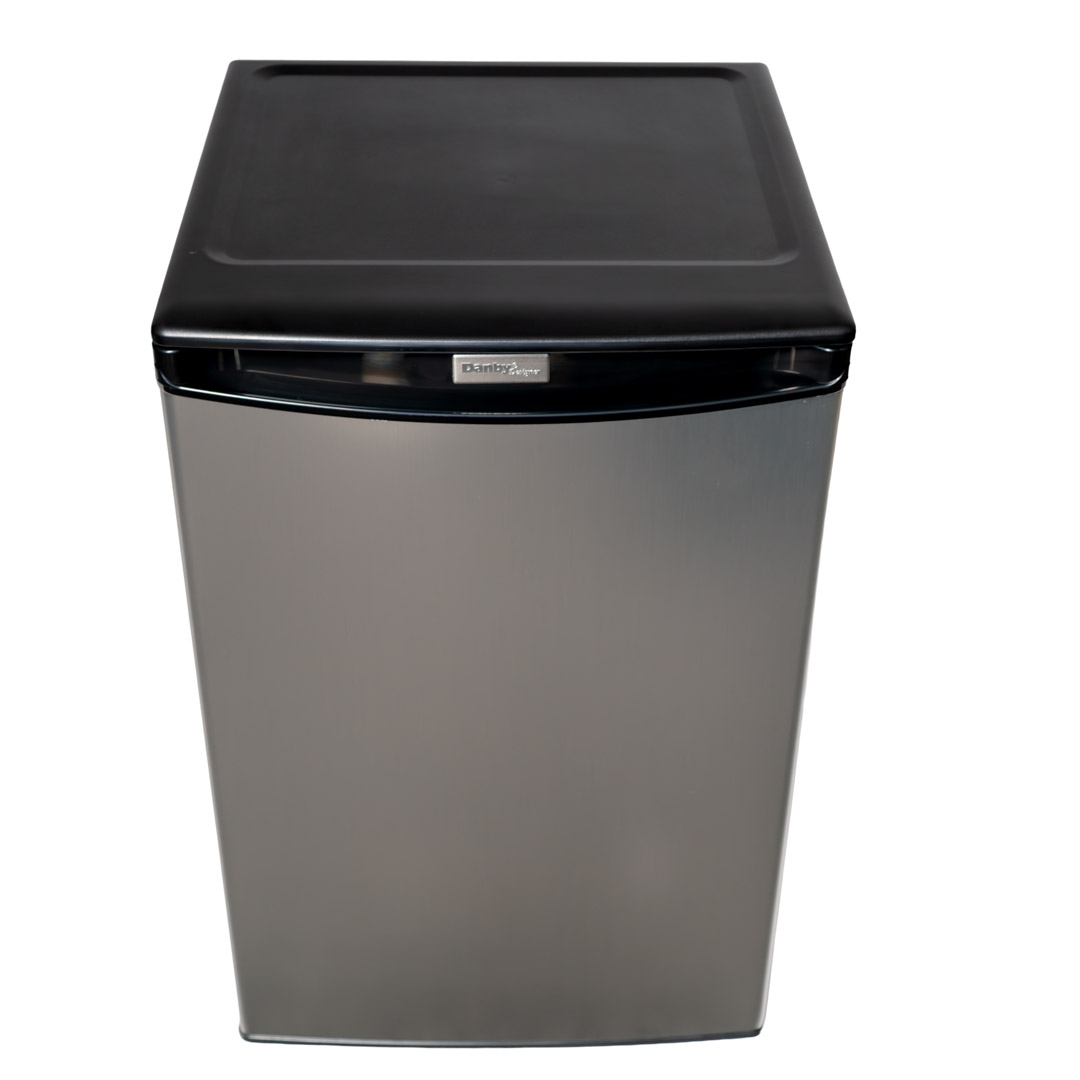 Danby appliances 4.4 cu ft compact fridge stainless DAR044A4BSLDD upper angled view showing top surface and cabinet design