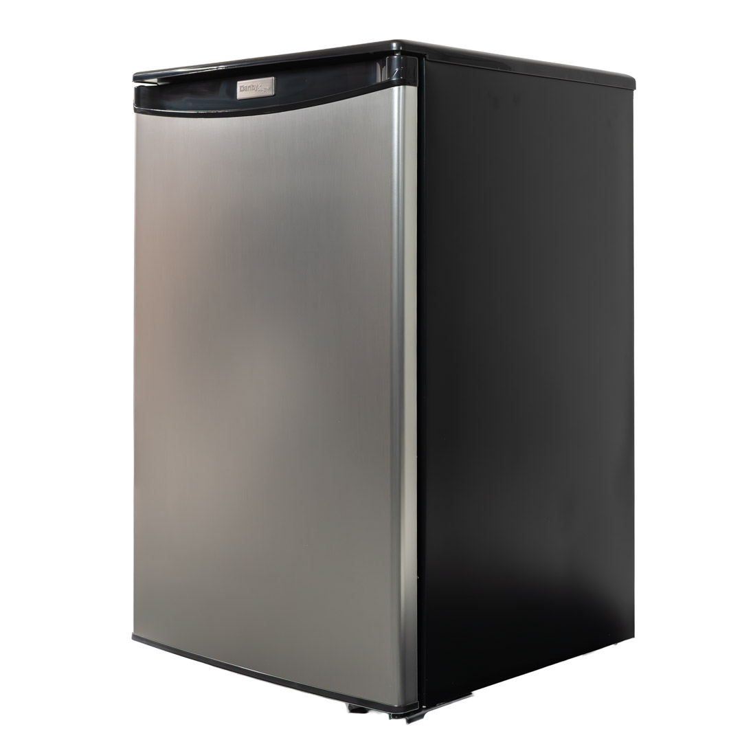 Danby appliances 4.4 cu ft compact fridge stainless DAR044A4BSLDD angled left view showing side panel and hinge placement