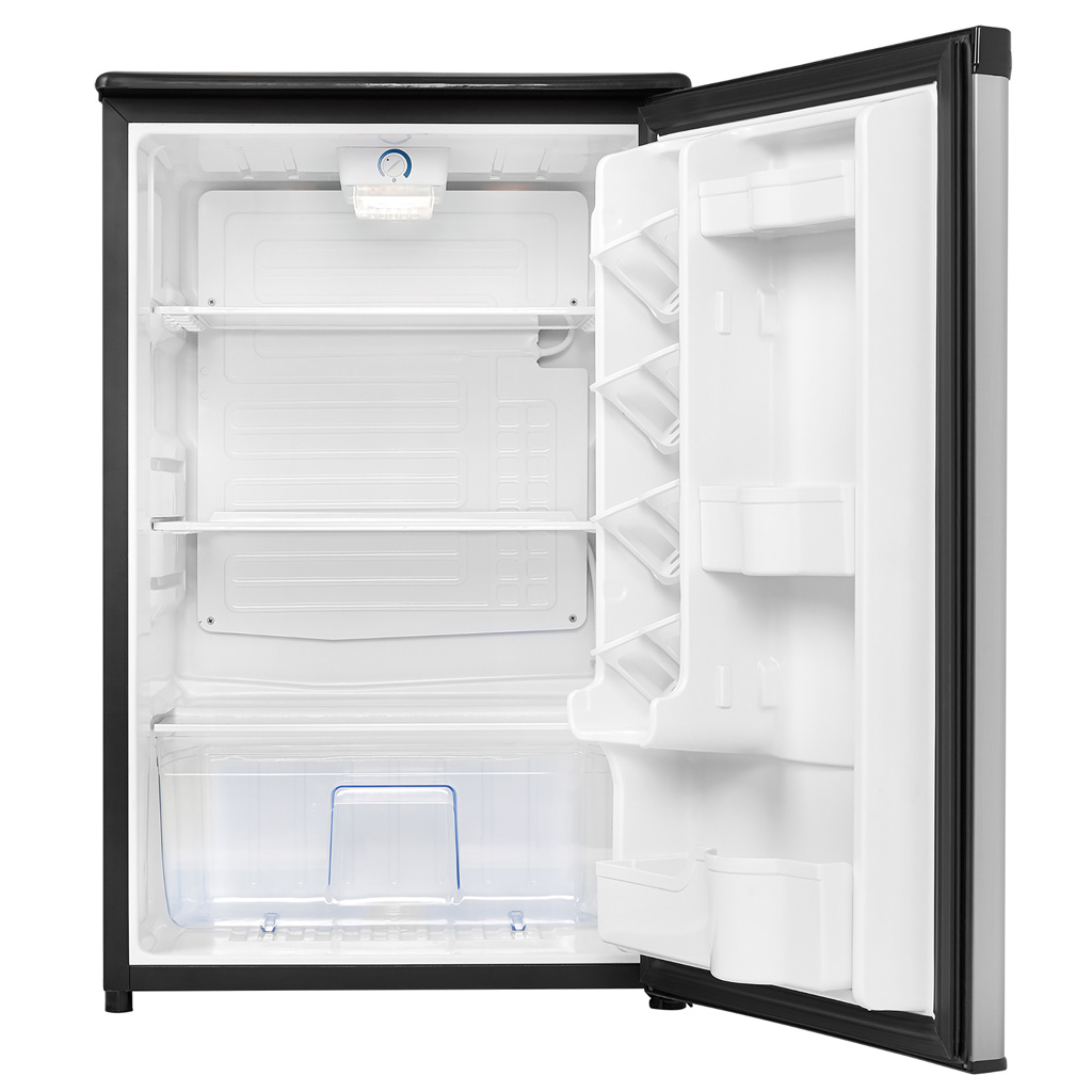 Danby appliances 4.4 cu ft compact fridge stainless DAR044A4BSLDD open front view showing empty interior compartment with shelves and door storage