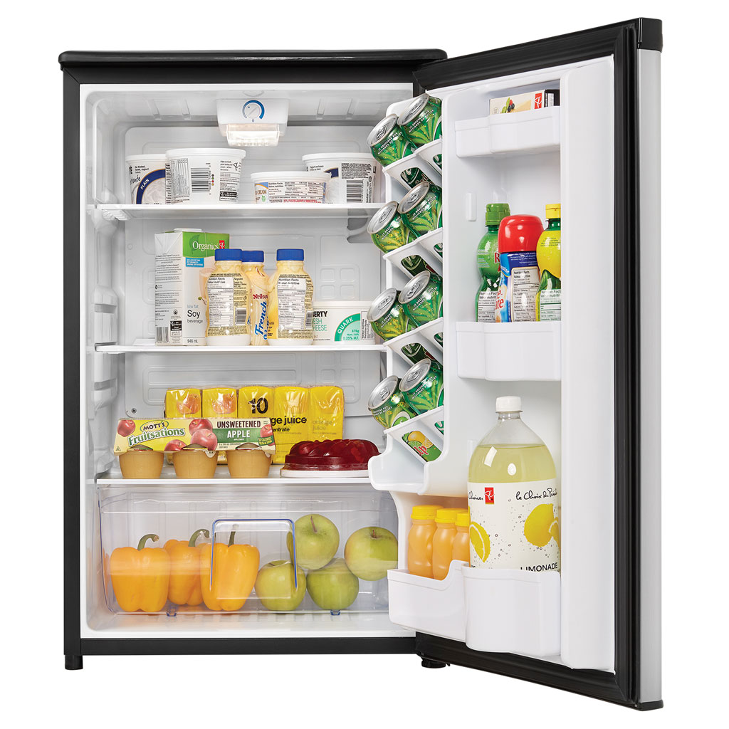 Danby appliances 4.4 cu ft compact fridge stainless DAR044A4BSLDD open front view showing interior stocked with beverages and food items