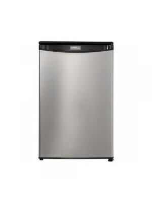 Danby appliances 4.4 cu ft compact fridge stainless DAR044A4BSLDD front view showing stainless look finish and single door design on a plain background
