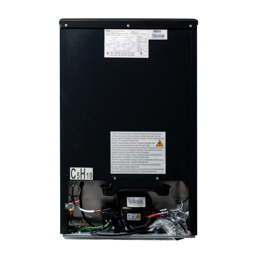 Danby appliances 4.4 cu ft compact fridge stainless DAR044A4BSSDD rear view showing back panel, ventilation area, and power cord