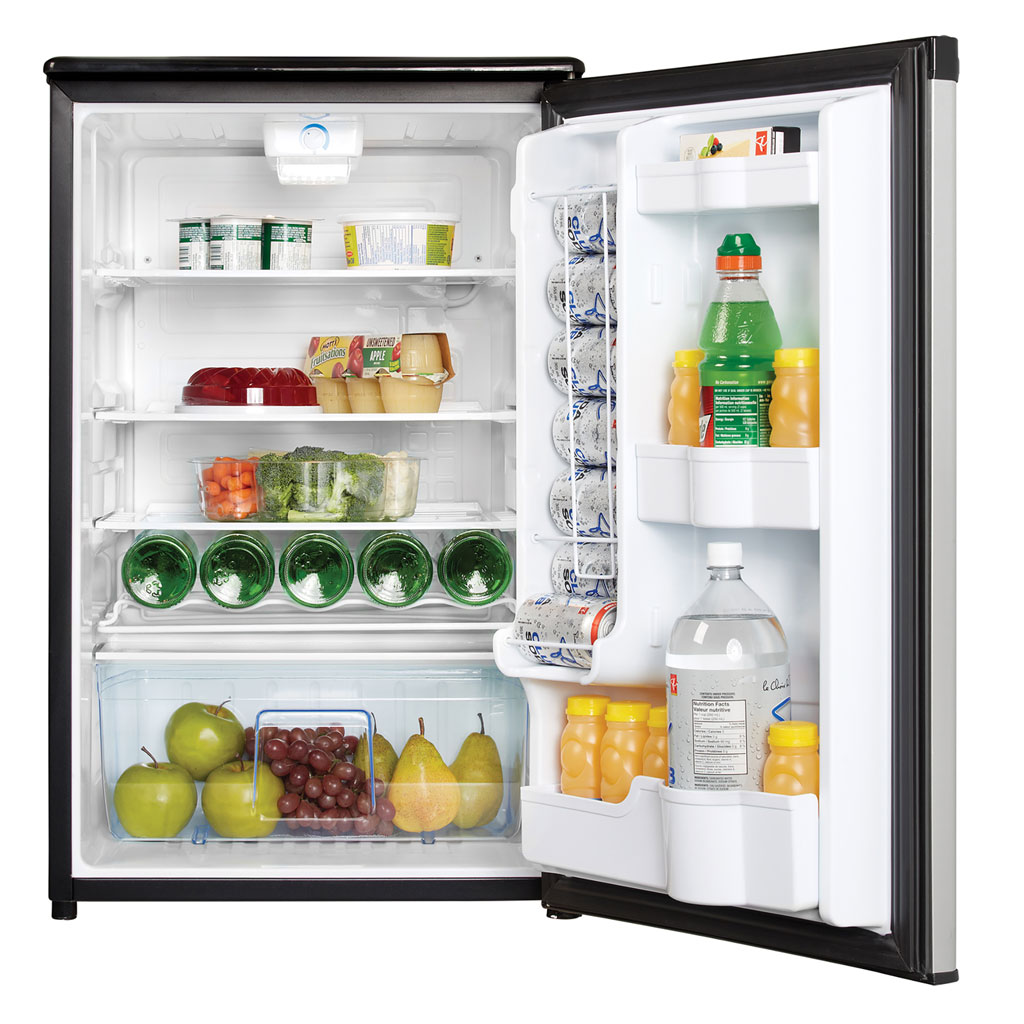 Danby appliances 4.4 cu ft compact fridge stainless DAR044A4BSSDD open front view showing interior stocked with beverages, fruit, and food items