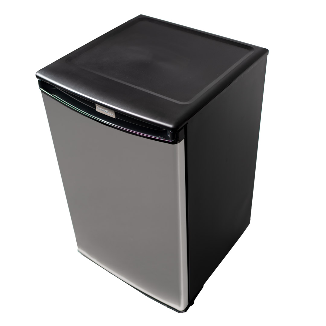 Danby appliances 4.4 cu ft compact fridge stainless DAR044A4BSSDD angled front view showing stainless steel door, black cabinet sides, and flat top work surface