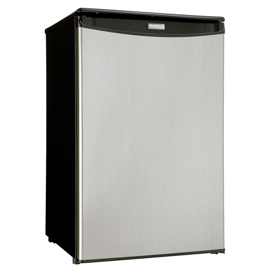 Danby appliances 4.4 cu ft compact fridge stainless DAR044A4BSSDD angled right view showing compact cabinet and stainless finish